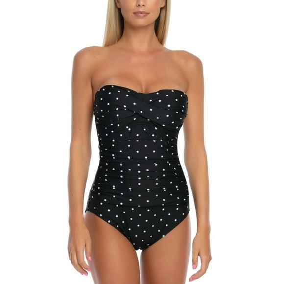 Relleciga Tummy Control Ruched Swimwear Polkadot Black Large - Picture 2 of 12